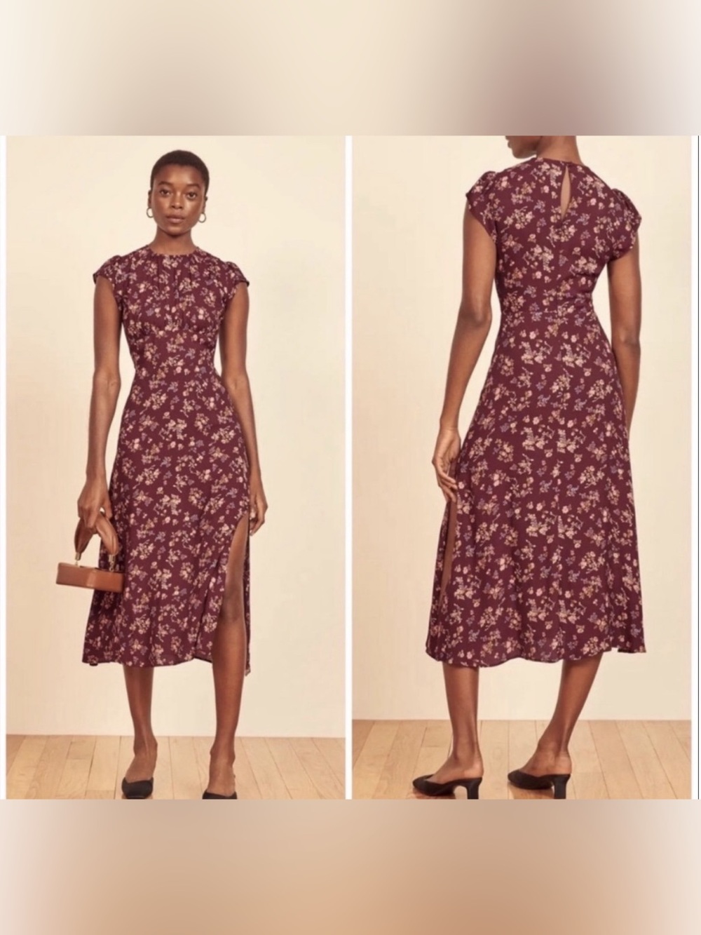 Reformation Zeta Burgundy Floral Midi Dress Cap Sleeve